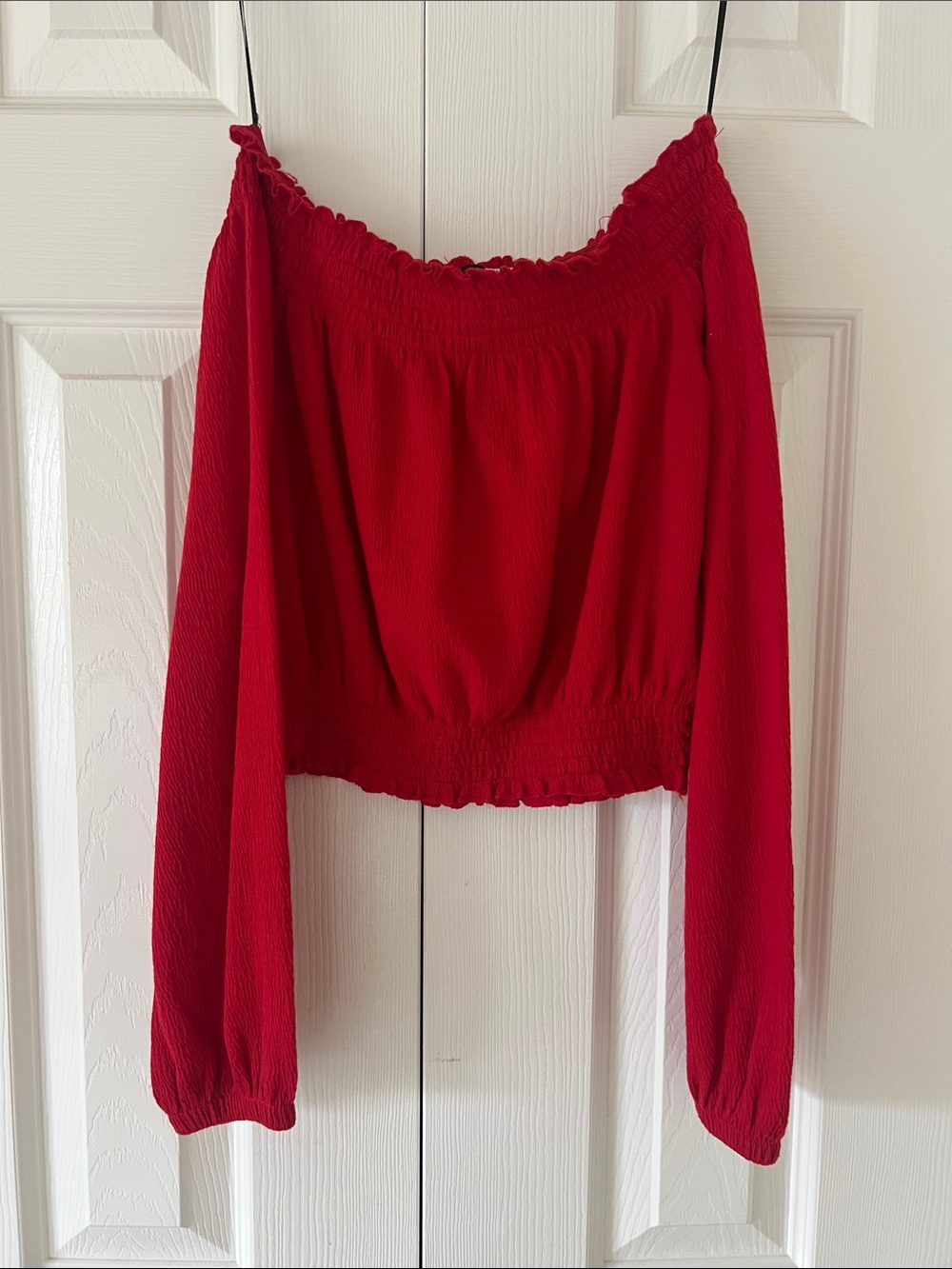 Divided Red Off-Shoulder Long Sleeve Smocked Top